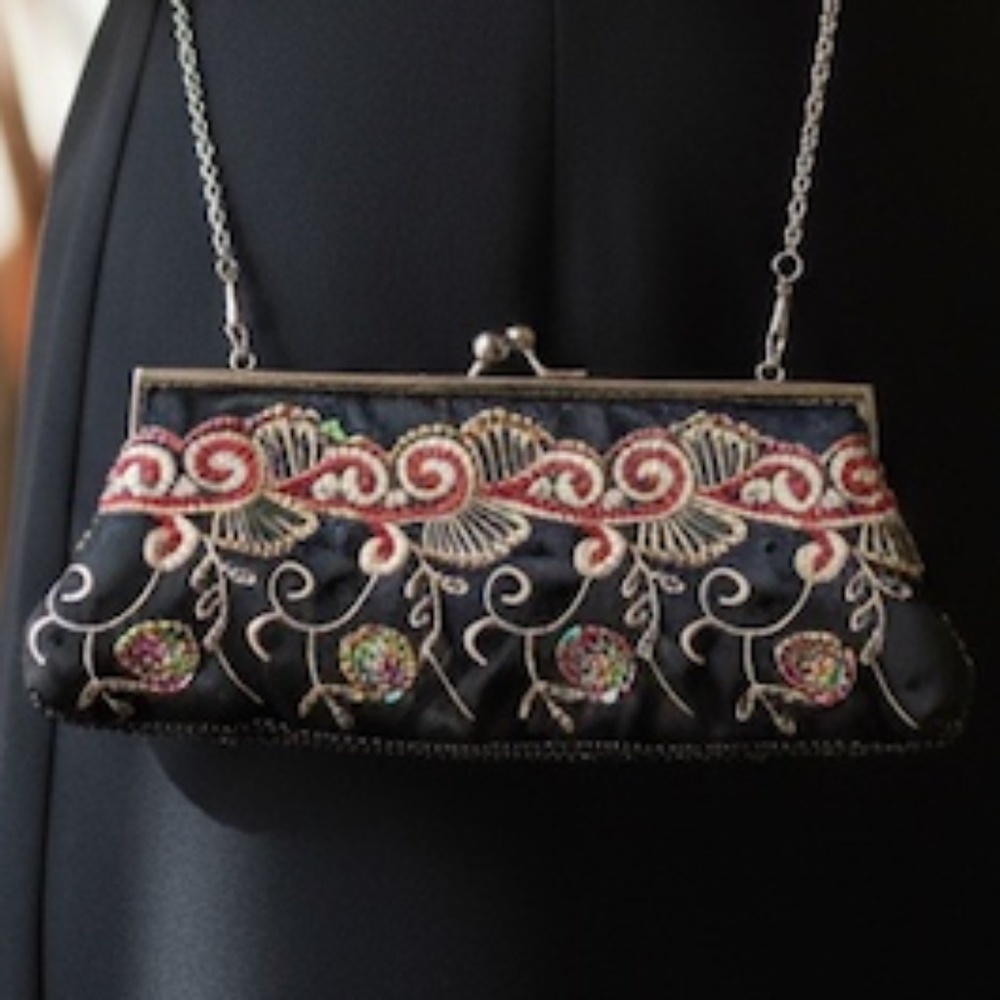 Aldo Beaded Floral Satin Evening Bag Embroidered 2 Removable Chain Straps